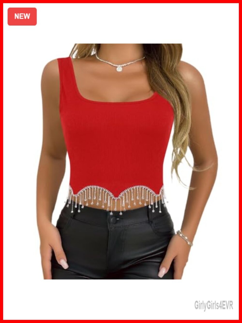 Rhinestone Tassel Crop Top Sleeveless Ribbed Cami Slim Fit Party Tank Top